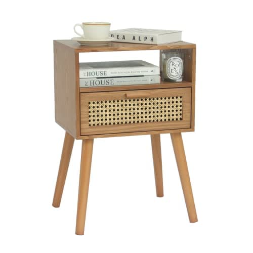MaxSmeo Mid Century Modern Nightstand with Drawer, Small Nightstand Bedside Table, Rattan Nightstand, Wood End Table for Bedroom, Living Room (Brown) - Image 1