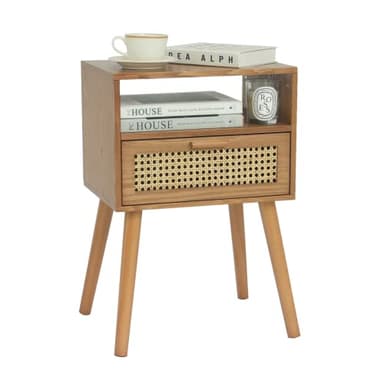 MaxSmeo Mid Century Modern Nightstand with Drawer, Small Nightstand Bedside Table, Rattan Nightstand, Wood End Table for Bedroom, Living Room (Brown) - Image 1