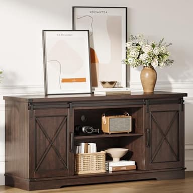 IDEALHOUSE Farmhouse TV Stand and Entertainment Center for TV Up to 65 Inches with Sliding Barn Doors and Adjustable Shelf, Tv Media Console Table with Storage Cabinet for Living Room, Bedroom, Brown - Image 1