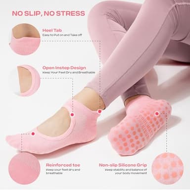 CoolMate Pilates Socks with Grips for Women, Yoga Socks, Crew Non Slip Women for Workout, Barre, Pilates Gifts (US, Numeric, 6, 10, Regular, Regular, 4 Pairs Open Top Pink/White/Light Purple/Black) - Image 4