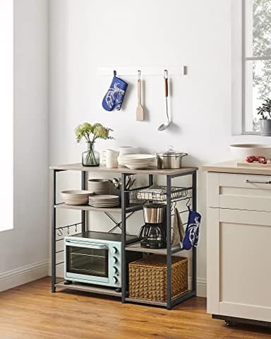 VASAGLE ALINRU Kitchen Baker’s Rack, Coffee Bar, Microwave Oven Stand, with Steel Frame, Wire Basket, 6 Hooks, for Mini Oven, Spices Utensils, Industrial, Greige and Black UKKS090B02 - Image 4