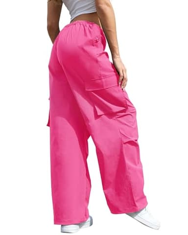 COPYLEAF Cargo Pants Women Low Waisted Parachute Pants with Pockets Loose Baggy Hiking Pants Y2K Clothes Hot Pink - Image 2