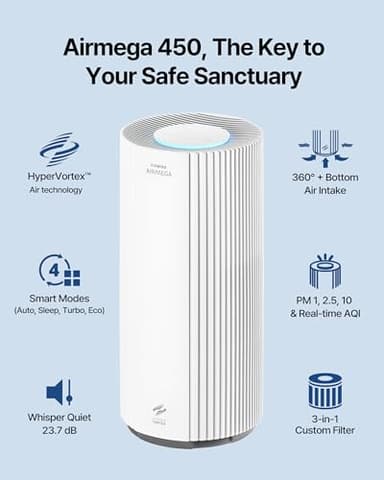 COWAY Air Purifiers for Large Room Whole Home Up to 3,285ft², True HEPA Filter for Smoke, Allergen, Pet Dander, Odor, PM(1, 2.5, 10), AQI, Turbo Eco Mode, Energy Star, 3yr Warranty, Airmega 450 Beige - Image 2