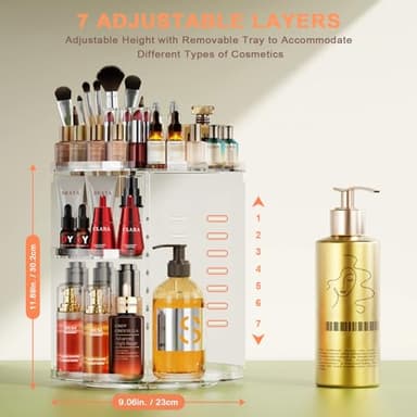 Auxmir Rotating Makeup Organizer, DIY 7 Adjustable Layers Spinning Skincare Organizer, Bathroom Organizer with Brush Holder Perfume Tray, Multi-Function Storage Carousel for Vanity Bathroom Countertop - Image 2