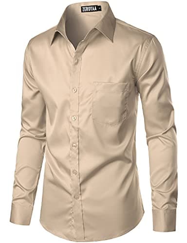 ZEROYAA Men's Urban Stylish Casual Business Slim Fit Long Sleeve Button Up Dress Shirt with Pocket ZLCL29 Khaki Medium - Image 2