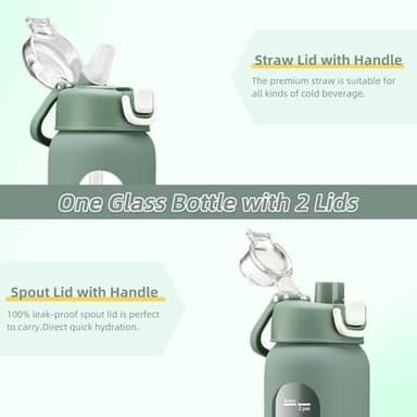 chunmo 32 oz Glass Water Bottles with 2 Lids-Handle Spout Lid & Straw Lid, 1 Liter Motivational Borosilicate Water Bottle with Time Marker and Silicone Sleeve,Leakproof-Olive-1 Pack - Image 2