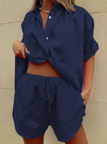 Fixmatti Linen Sets For Women 2 Piece Casual Short Sleeve Sweatsuit Outfit Shirt And High Waisted Shorts Set Navy XL - Image 5
