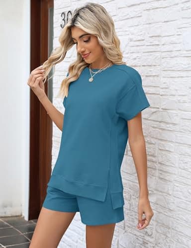 LOMON Casual Outfits for Women 2 Piece Lounge Shorts Sets with Pockets Summer Short Sleeve Sweatsuits Loungewear(Light Blue,XL) - Image 3