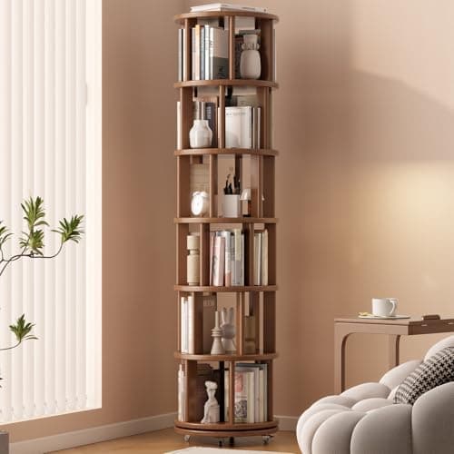 Muwuele Solid Wood Rotating Bookshelf on Wheels, 6 Tier, Round Revolving Bookcase, 360° Spinning Book Shelf Tower for Kids, Narrow Rolling Bookshelves for Small Space, Corner, Bedroom, Office, Walnut - Image 1