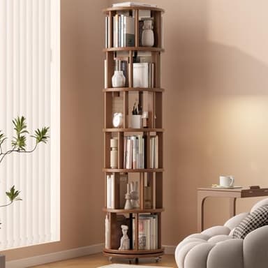 Muwuele Solid Wood Rotating Bookshelf on Wheels, 6 Tier, Round Revolving Bookcase, 360° Spinning Book Shelf Tower for Kids, Narrow Rolling Bookshelves for Small Space, Corner, Bedroom, Office, Walnut - Image 1