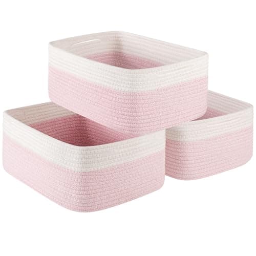 OIASKET Storage Baskets for Organizing 3 Pack, Woven Baskets for Shelves, Closet Organizer Bins Empty Gift Basket Toy Storage for Toys, Books, Towels, Clothes, 15"x11.42"x6.7", Pink - Image 1