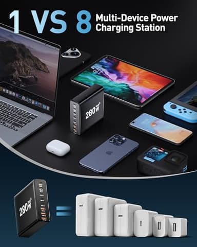 280W USB C Charger Block, 8-Port USB C Charging Station GaN III PD 65W Laptop Charger Adapter Compatible with MacBookPro/Air,DELL,iPad,Portable Charging Station for iPhone,Samsung Galaxy (Black) - Image 5