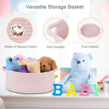COMSE Small Woven Basket with Gift Bags and Ribbons, Gift Basket Empty, Cotton Rope Storage Organizer, Baby Toy Box with Handles, 12" x 8" x 5", Light pink - Image 7
