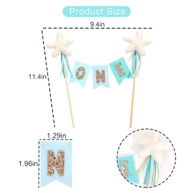 Felt Bunting Gold Glitter Cake Topper - First Birthday Party Decorations,1st Star Glitter Cake Bunting Topper,One Year Old Photo Prop (Blue One) - Image 2