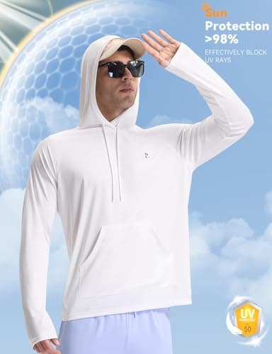 baleaf Swim Shirts Men Rash Guard Long Sleeve Sun Protection Hoodie UV Lightweight Athletic Running with Kangaroo Pocket Star White 3XL - Image 6