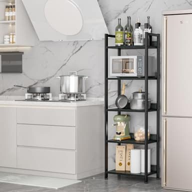 Furologee 5 Tier Bookshelf with Drawer, Kitchen Bakers Rack with Storage, Tall Narrow Bookcase, Industrial Free Standing Display Shelf, Wood and Metal Book Shelf for Bedroom, Living Room, Black - Image 7