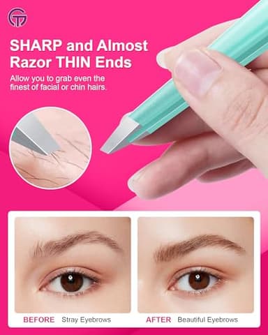 Expert Slant Tip Tweezers with Leather Case, GlamTweeler Sharp & Precision Stainless Steel Tweezer for Eyebrows, Facial Hair and Fine Hairs Removal (Sparkle Mint Green & Silver) - Image 4