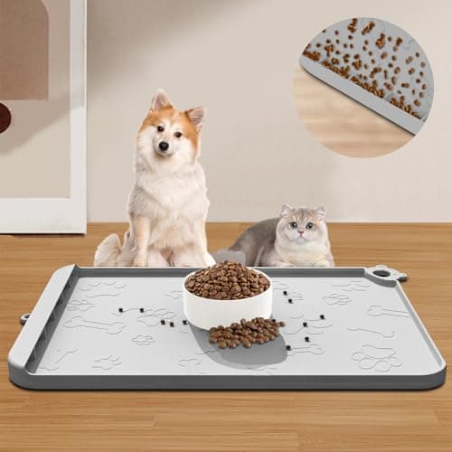 Silicone Dog Food Mat - Pet Feeding Mat with Waterproof Bowl, Residue Collection Pocket and Raised Edges, Hooks Included - Suitable for Cats and Dogs - Image 1