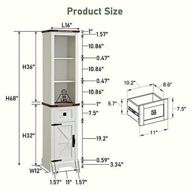OKD Bathroom Storage Cabinet, Farmhouse Storage Cabinet with Adjustable Shelves & Drawer, Tall Linen Tower for Bathroom, Living Room, Rustic Oak with Antique White - Image 2