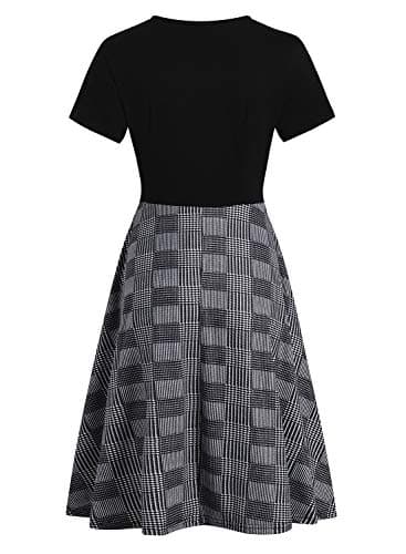 Women's Elegant Criss-Cross V Neck Vintage Short Sleeve Work Casual Party Swing Tea Dress with Pockets 980 (XL, Black Plaid) - Image 3