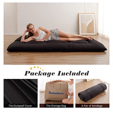 Zelladorra Japanese Floor Mattress, Futon Mattress with Portable Storage Bag and Washable Cover, Roll Up Thick Tatami Mat Suitable for Camping, Guest Room, Black, Full - Image 2
