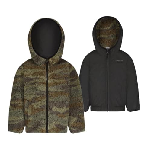 LONDON FOG Baby Boy's Midweight Fleece-to-Poly Reversible Hooded Jacket, Black to Camo - Image 1