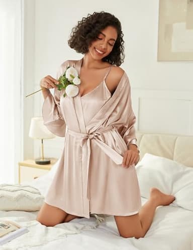 Ekouaer Women's Silk Robe Set V-neck 2 Piece Bridal Party Robes and Satin Bathrobe Set with Pockets (Champagne, Medium) - Image 2