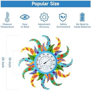 Large Blue Sun Outdoor Thermometer & Hygrometer Combo, 25'' Indoor Outdoor Wall-Mounted Thermometer Gauge, Decorative Indoor Outside Temperature Thermometer for Patio, Garden, Living Room,Kitchen - Image 3