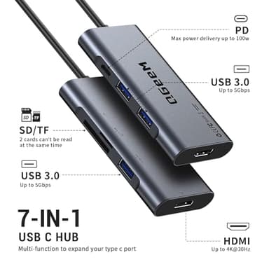 USB C Hub, QGeeM USB 4k to HDMI Adapter, 7 in 1 USB-C Dongle with 100W PD,USB 3.0, Card Reader, Compatible for MacBook iPhone 15/16 Ipad Pro max,Chromebook Laptop USB Type C Dock-Classic Grey - Image 2