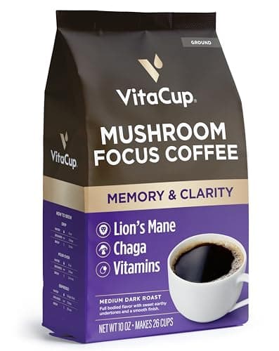 VitaCup Focus Mushroom Coffee Grounds, with Lions Mane, Chaga, B Vitamins, D3, Boost Focus, Immunity, Memory & Clarity, Medium Dark Roast, Bold & Smooth 100% Arabica Specialty, 10 Oz - Image 1