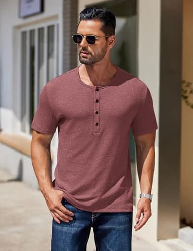 COOFANDY Men's Casual Short Sleeve Henley Shirts Stylish Summer Tee Button Henley Basic Tee Red - Image 2