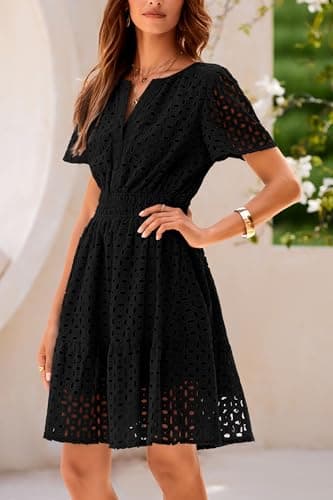 PRETTYGARDEN Womens 2025 Summer Short Dress V Neck Short Sleeve A Line Hollow Out Lace Ruffle Cute Casual Beach Party Dresses (Black,X-Large) - Image 7