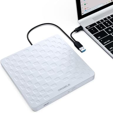 ORIGBELIE External CD DVD Drive for Laptop, USB 3.0 Type-C Ultra Slim 13mm DVD Player Portable CD DVD +/-RW Drive CD Burner Reader Writer Recorder for Desktop PC Windows 11/10/8/7 Linux Mac OS (White) - Image 1