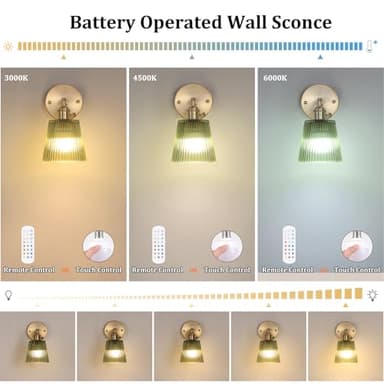 Shenmoyl Vintage Battery Operated Wall Sconce with Green Stripe Glass Lampshade Rechargeable Battery Powered Wall Light with Remote Control for Bedside Bedroom Doorway, Set of 2 - Image 4
