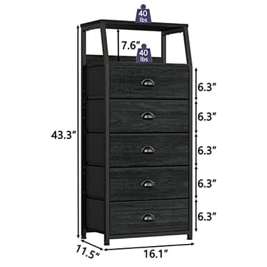 Furnulem Black Dresser with 5 Drawers, Vertical Storage Tower Fabric Dresser for Bedroom, Hallway, Entryway, Nursery, Closet Organizer, Nightstand Bedside Table Furniture, Sturdy Steel Frame, Wood Top - Image 3