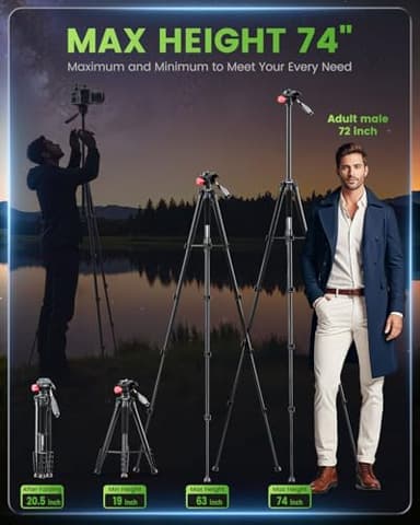 CAMBOFOTO 74"-Camera-Tripod, Porfessional Aluminum Heavy Duty Tripod Stand for Mirrorless Camera/DSLR/Cell Phone/Camcorder, with Holder and Travel Bag - Image 3
