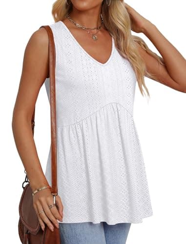 Women's Clothing Beach Vacation Clothes Cowboy Chic Fashion Clothing Summer Tops Fall Deals White Eyelet Tops Sleeveless Empire Waist Top L - Image 4