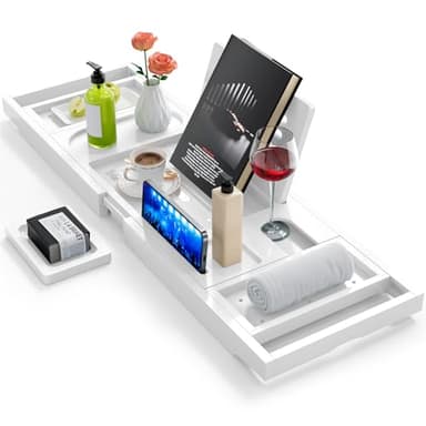 Yirilan Foldable Bamboo Bathtub Tray, Modern Rectangular Bathroom Tray, White, Suitable for Toiletries, Drinks - Image 1