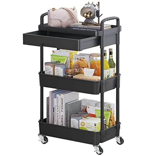 Calmootey 3-Tier Rolling Utility Cart with Drawer,Multifunctional Storage Organizer with Plastic Shelf & Metal Wheels,Storage Cart for Kitchen,Bathroom,Living Room,Office,Black - Image 1