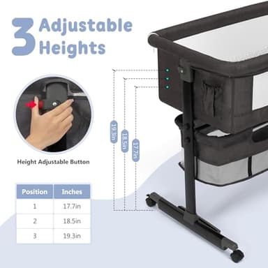 Baby Bassinet, 3 in 1 Bedside Bassinets for Baby, Bassinet Bedside Sleeper with Wheels, Adjustable Height with Rocking Mode, Breathable Mesh, Storage Basket, Easy Assemble & Folding (Dark Gray) - Image 2