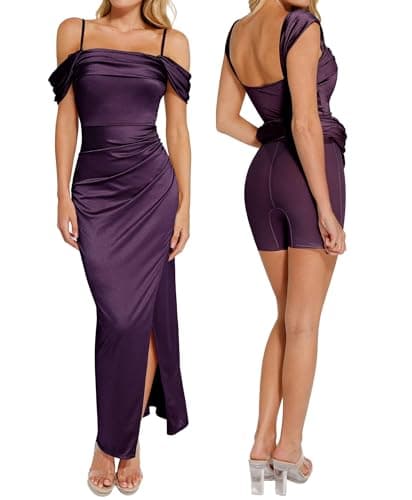 Popilush Women Shapewear Maxi Dress Off The Shoulder Bodycon Long Cocktail Formal Wedding Guest Dresses Purple - Image 1