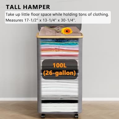 SpaceAid Laundry Hamper with Wheels and Lid, 26 Gal (100L) Rolling Clothes Basket with Bamboo Handle, Large Laundry Hamper for Bedroom, Bathroom, Dorm, Laundry Room - Grey - Image 3