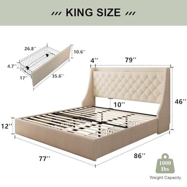 Feonase King Size Bed Frame with 4 Storage Drawers, Upholstered Storage Bed with Charging Station, Tufted Wingback Headboard, No Box Spring Needed, Beige - Image 7