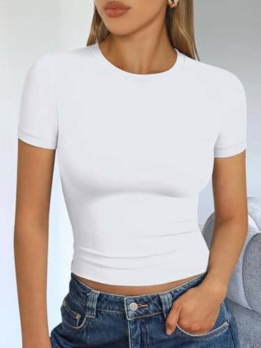 Trendy Queen Womens Basic T-Shirts Scoop Neck Short Sleeve Crop Tops Cute Summer Tops Slim Fit Tees Y2k Clothing 2024 White L - Image 6