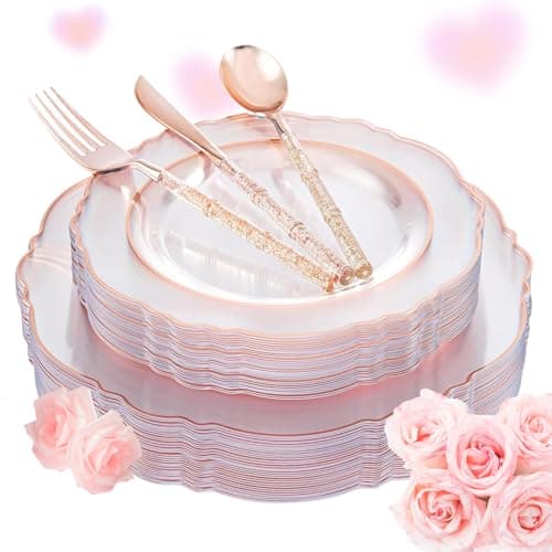 Liacere 150PCS Rose Gold Plastic Plates - Clear Rose Gold Disposable Plates with Glitter Bamboo Handle Cutlery - 60 Baroque Elegant Plates, 30 Forks, 30 Spoons, 30 Knives for Thanksging day&Chrismas - Image 1