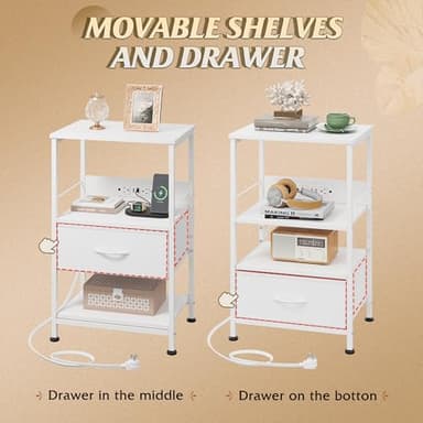 WLIVE White Night Stand with Charging Station, LED Nightstand with Adjustable Fabric Drawer, 3-Tier Storage Bedside Table, Small End Side Tables for Bedroom - Image 7