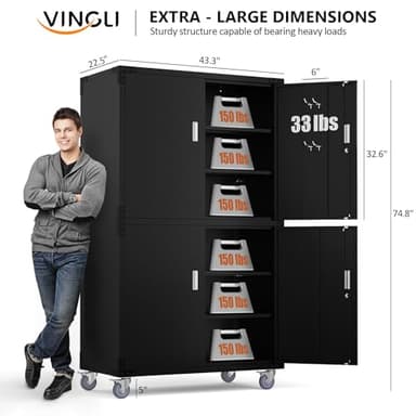 VINGLI Large Garage Storage Cabinet with 4 Doors, Upgraded Height & Wide & Deep, 43''W x 23''D x 75''H, Oversized Metal Storage Cabinet with Pegboards Wheels Locks and Adjustable Shelves (Black) - Image 7