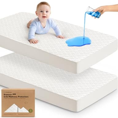 Waterproof Crib Mattress Protector Cover Fitted - 2-Pack Quiet Baby Crib Mattress Pad Sheets, 52" x 28" Soft Quilted Cotton Baby Sheet, Machine Washable, Easy Fit, Durable(Soft White/Mavy) - Image 1