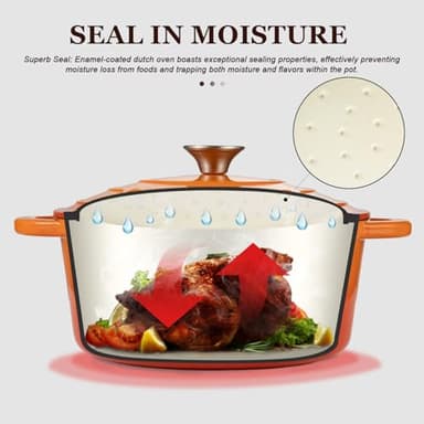 Overmont Enameled Cast Iron Dutch Oven - 5.5QT Pot with Lid Cookbook & Cotton Potholders - Heavy-Duty Cookware for Braising, Stews, Roasting, Bread Baking orange - Image 2