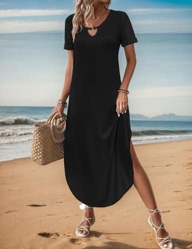 Zeagoo Long Dresses for Women Casual Summer Maxi Dress Short Sleeve Long Dress with Pockets Curve Hem Long Dress Crew Neck Black - Image 3